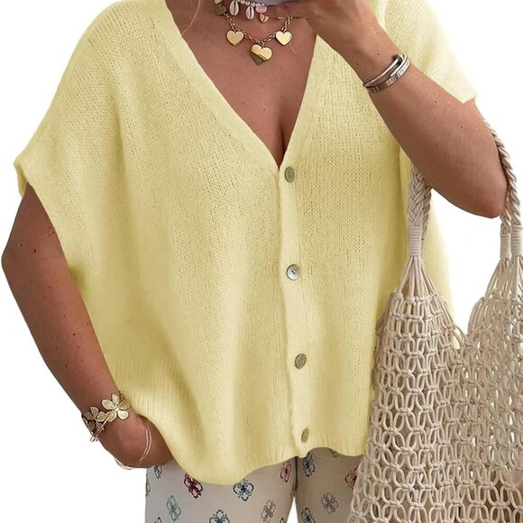 Women’s Summer Oversized Batwing Short Sleeve V-Neck Casual Knit Cardigan - Picture 1 of 5